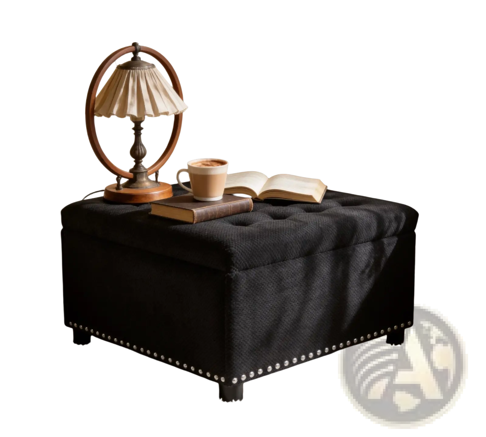 Black tufted storage ottoman in fabric with nailhead trim for elegant and functional living room seating and storage