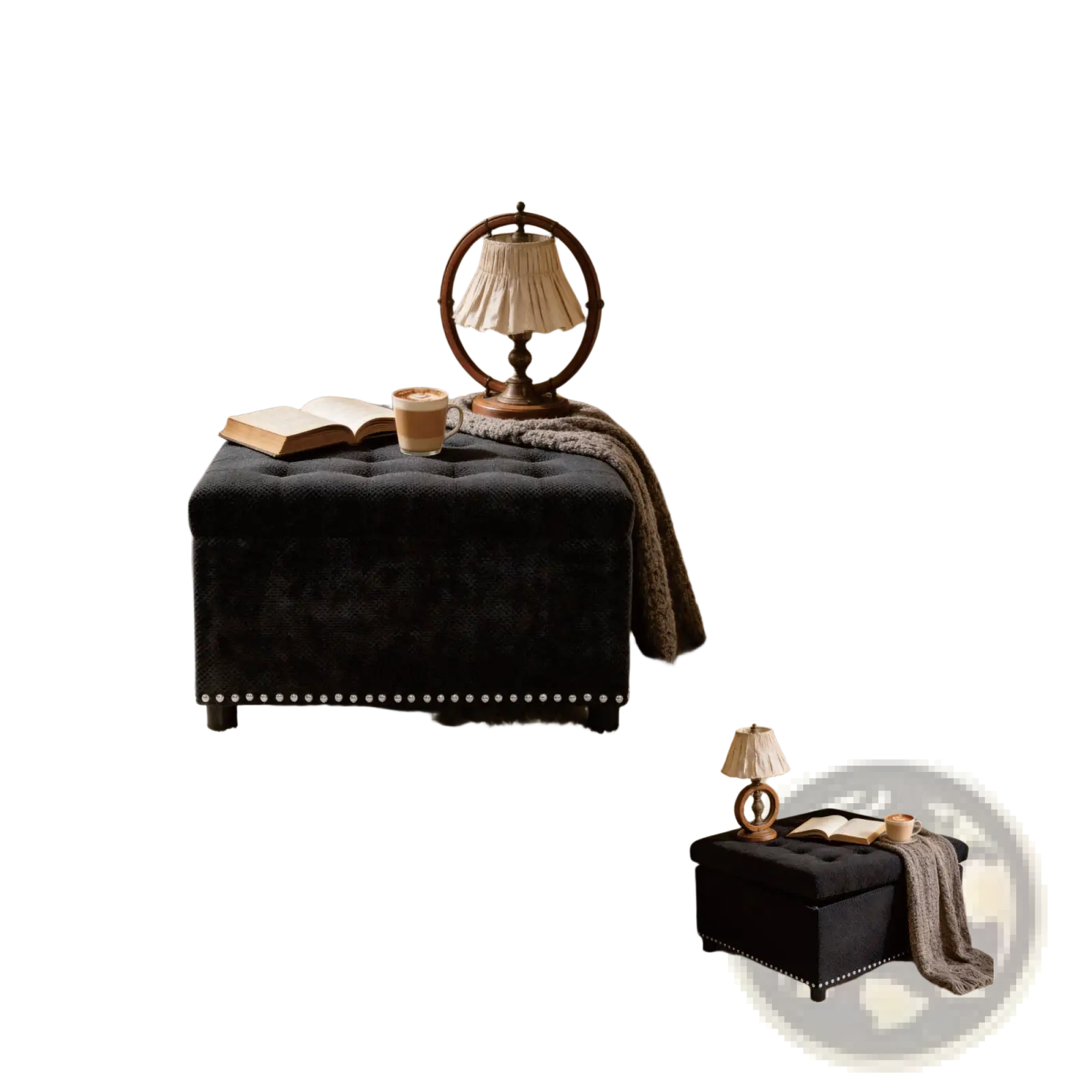 Black tufted storage ottoman with nailhead trim featuring soft fabric upholstery and elegant decorative accents