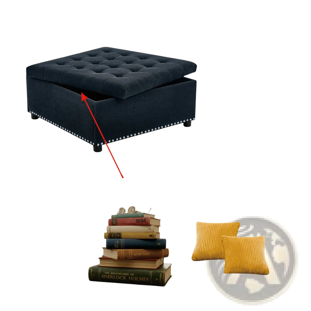 Dark blue tufted storage ottoman with textured fabric finish and decorative nailhead trim along the base
