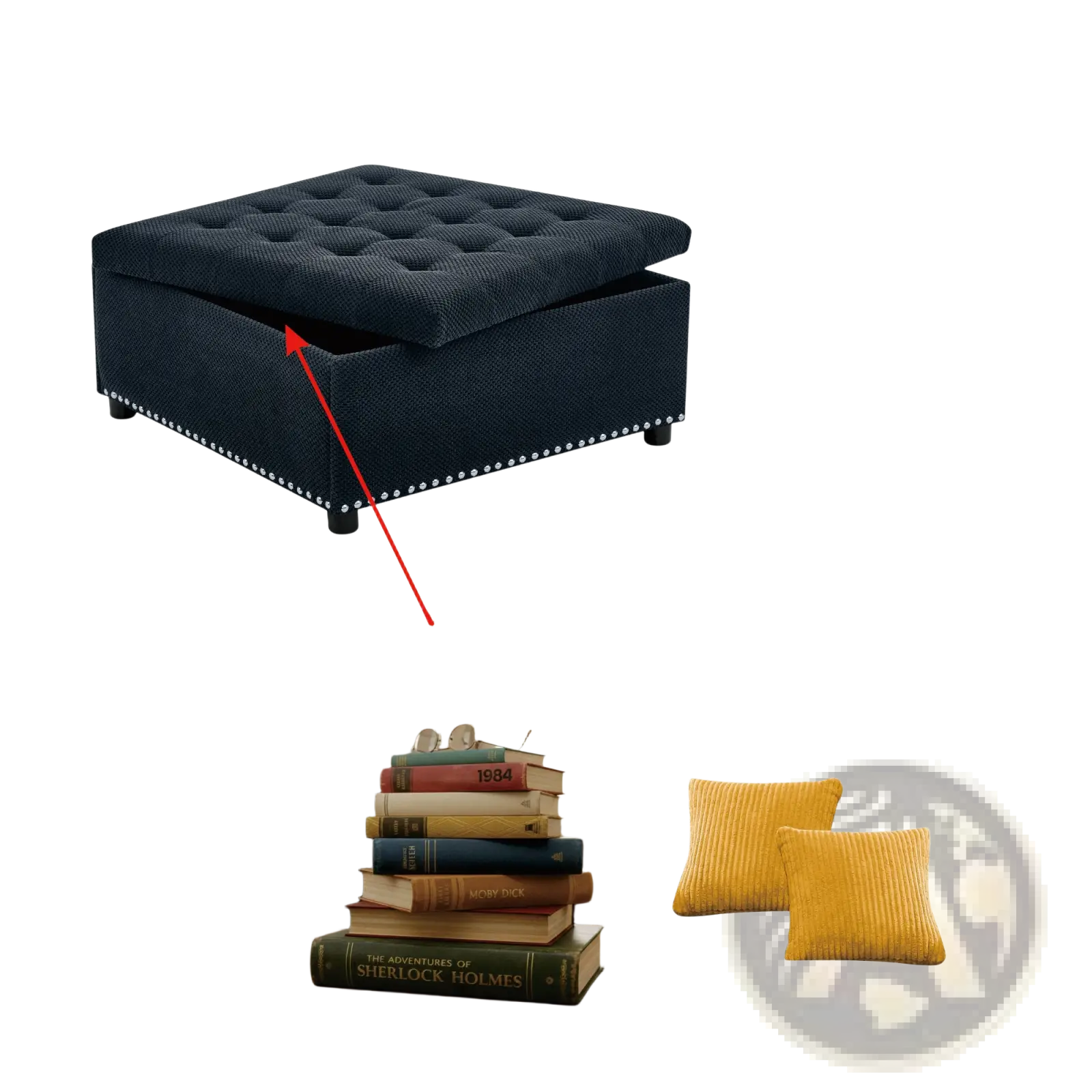 Dark blue tufted storage ottoman with textured fabric finish and decorative nailhead trim along the base