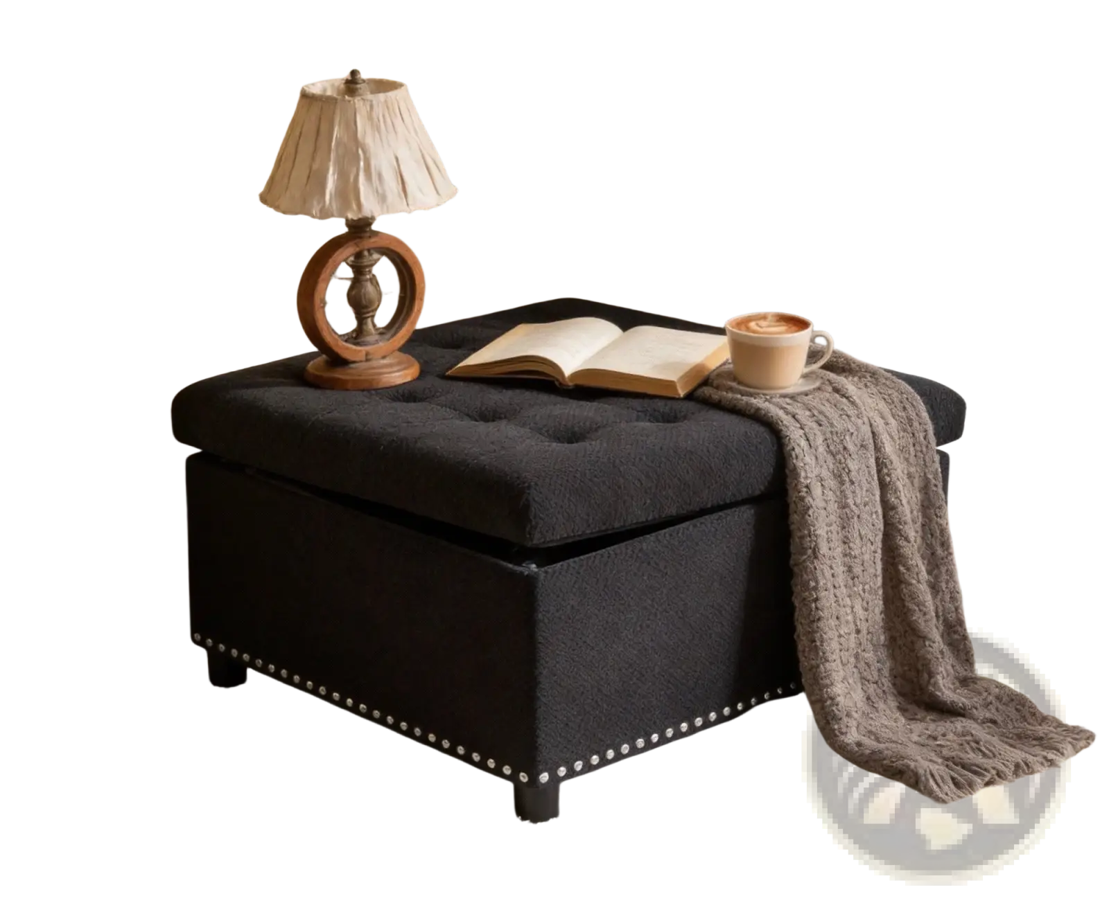 Black tufted storage ottoman with silver nailhead trim and wooden legs for stylish living room organization