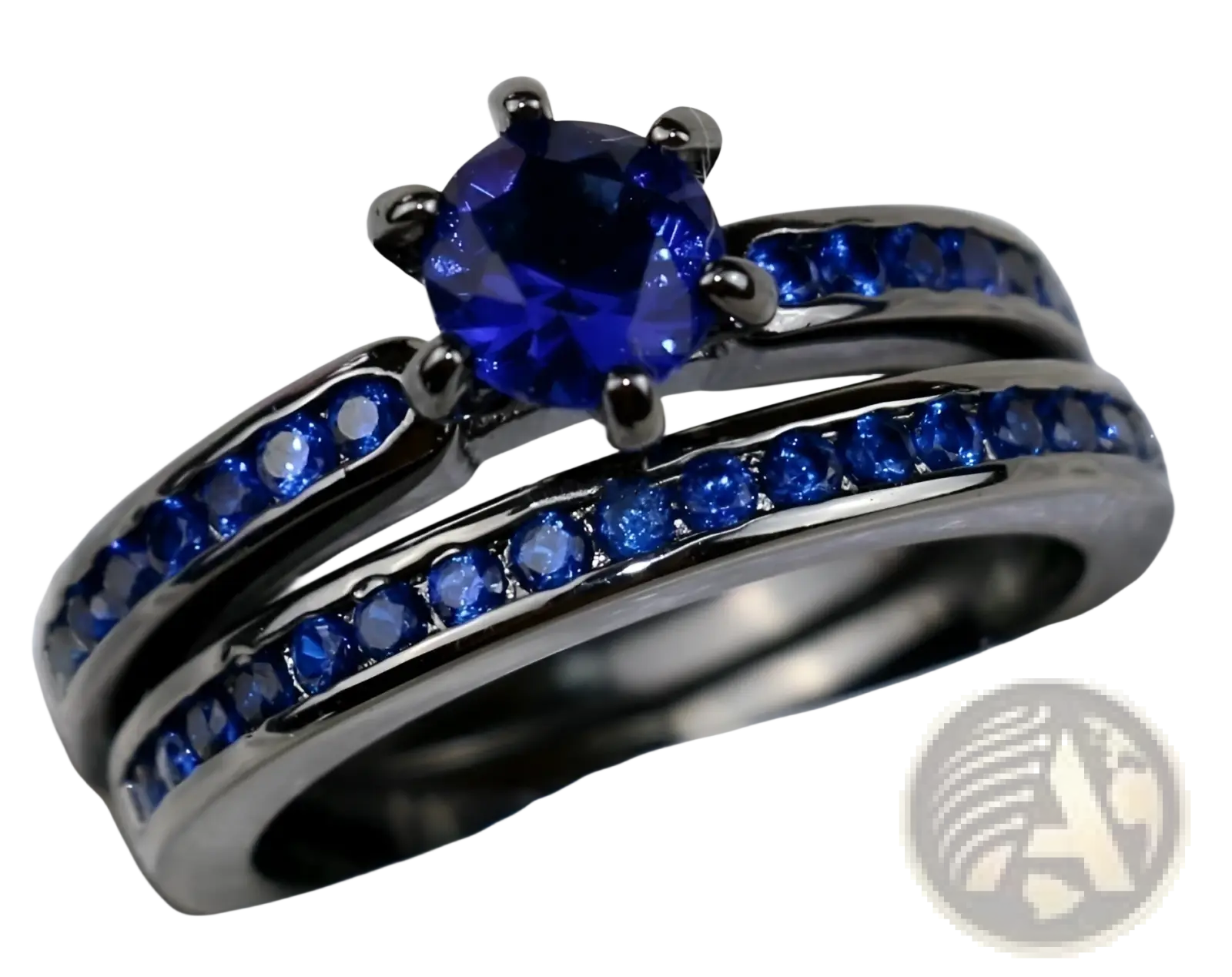 Black tungsten and purple gemstone wedding band set with blackened silver sapphire engagement ring and eternity band