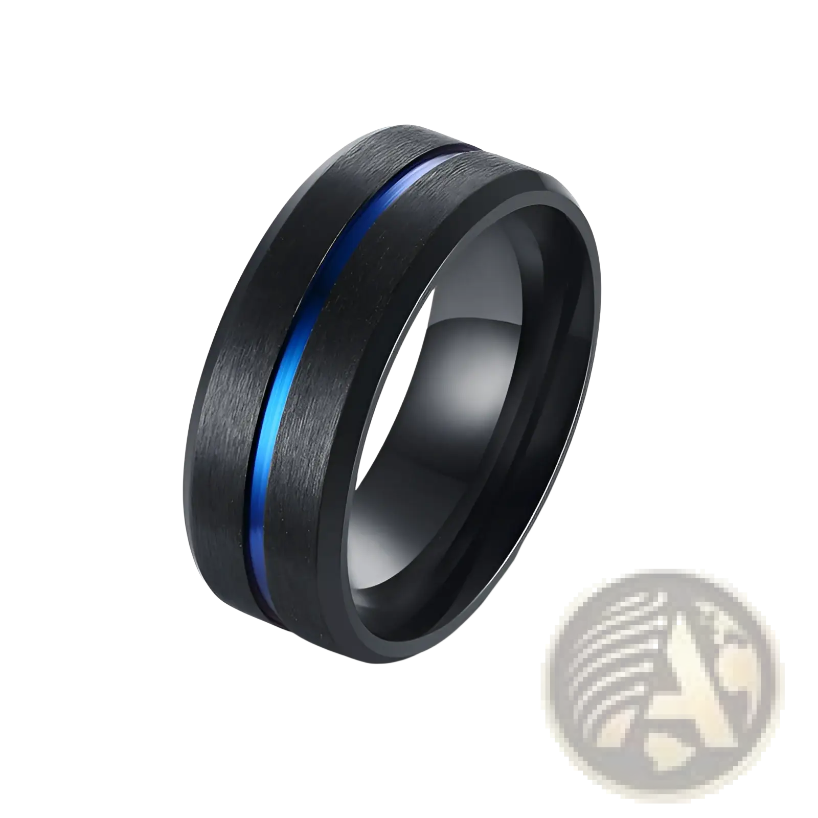 Black tungsten carbide ring with a brushed finish and blue inlay from the black tungsten and purple gemstone wedding band set