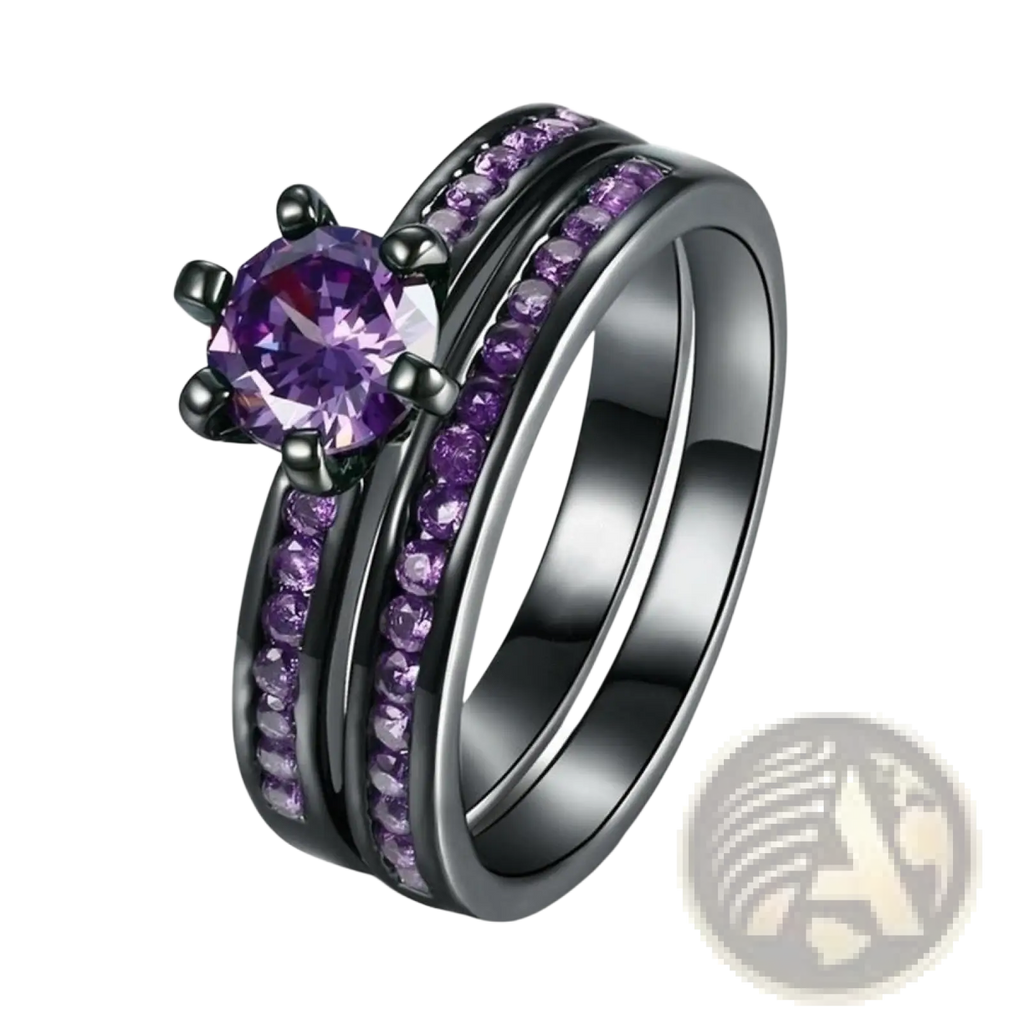 Elegant black tungsten wedding band set with central purple gemstone and two rows of sparkling purple stones