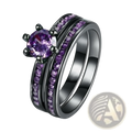 Elegant black tungsten wedding band set with central purple gemstone and two rows of sparkling purple stones