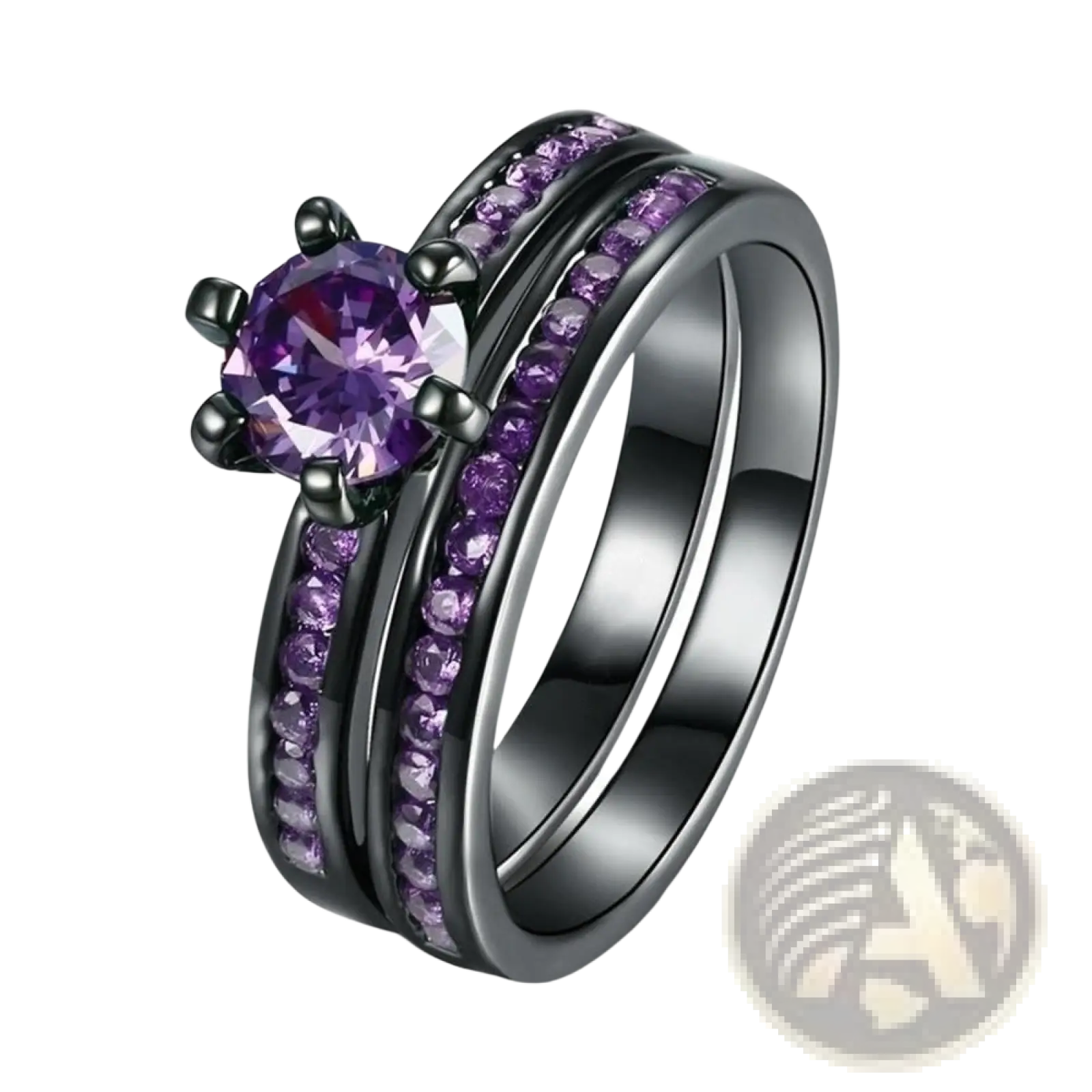Elegant black tungsten wedding band set with central purple gemstone and two rows of sparkling purple stones