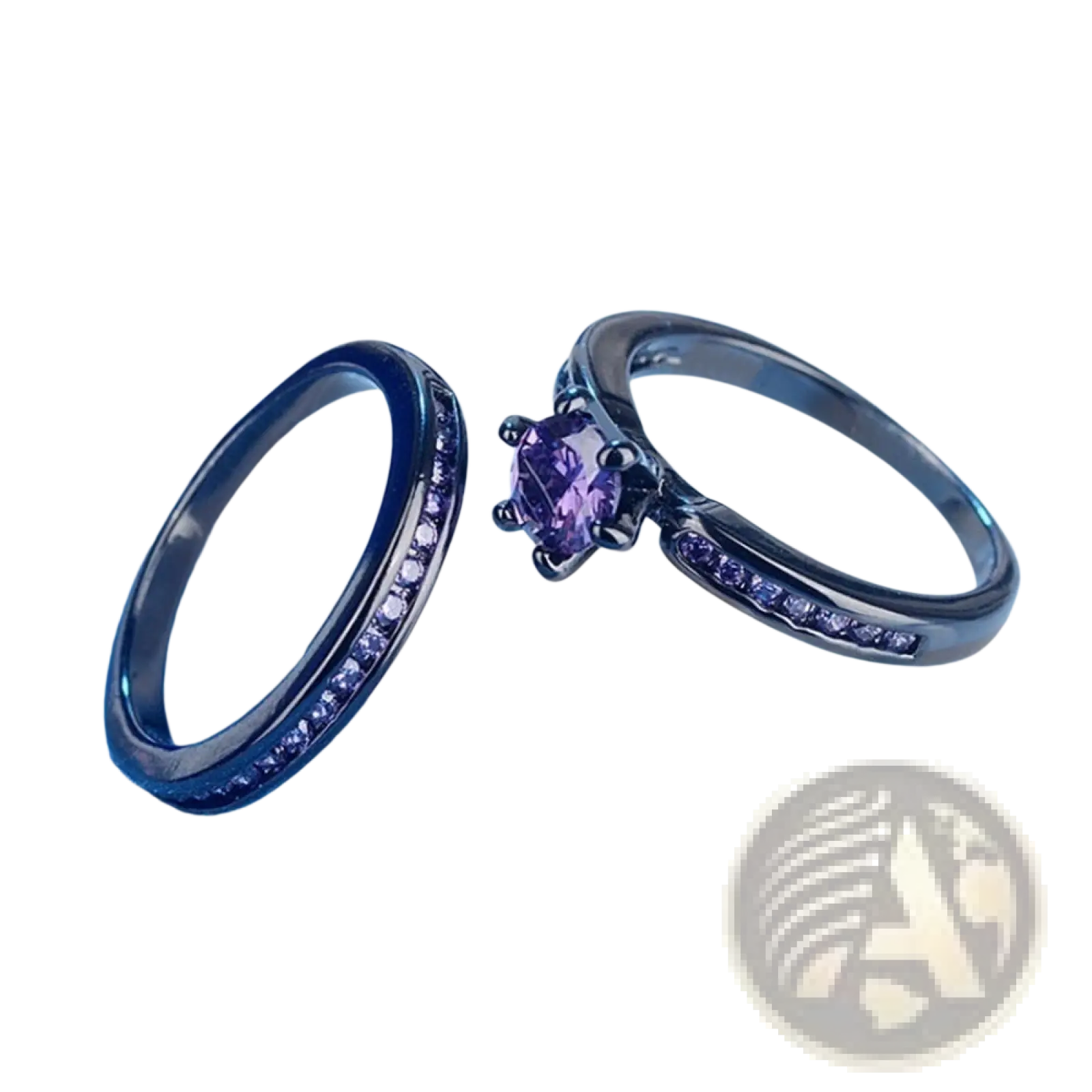 A black tungsten wedding band set featuring a ring with a central purple gemstone and another with multiple purple gems