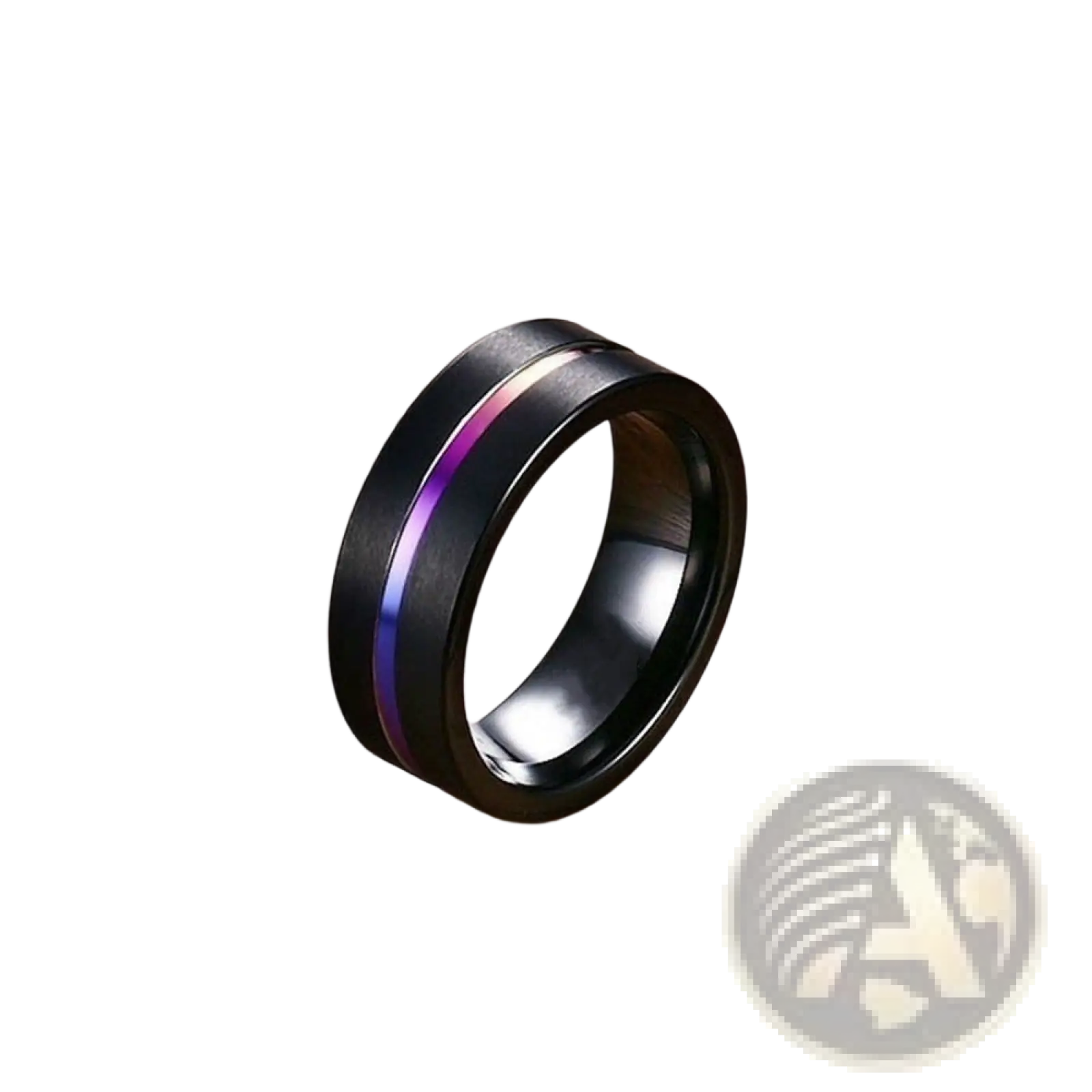 Black tungsten and purple gemstone wedding band set featuring a ring with polished inner surface and iridescent purple stripe