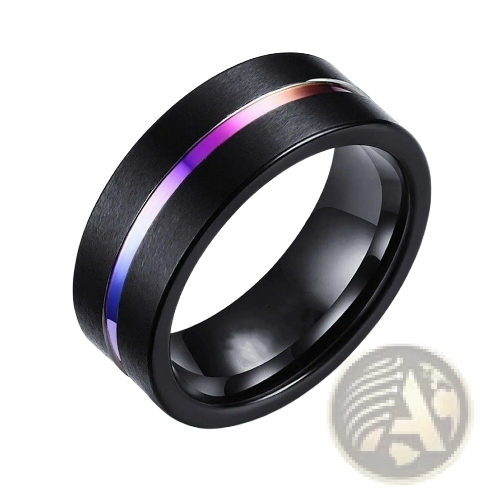 Black tungsten carbide men’s ring with sleek brushed finish and iridescent rainbow inlay from wedding band set