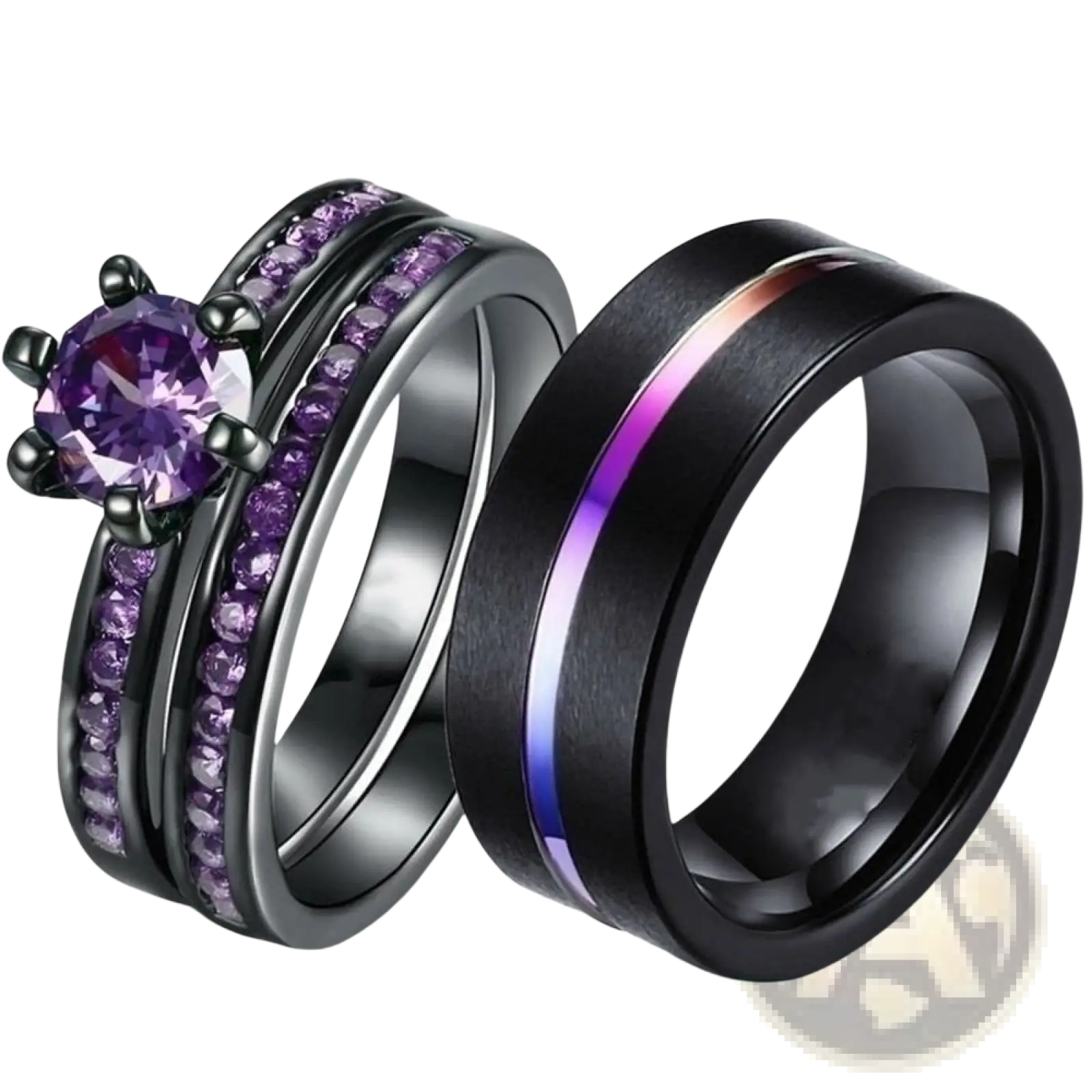Black tungsten and purple gemstone wedding band set with female ring featuring central and surrounding purple stones and male ring with iridescent inlay