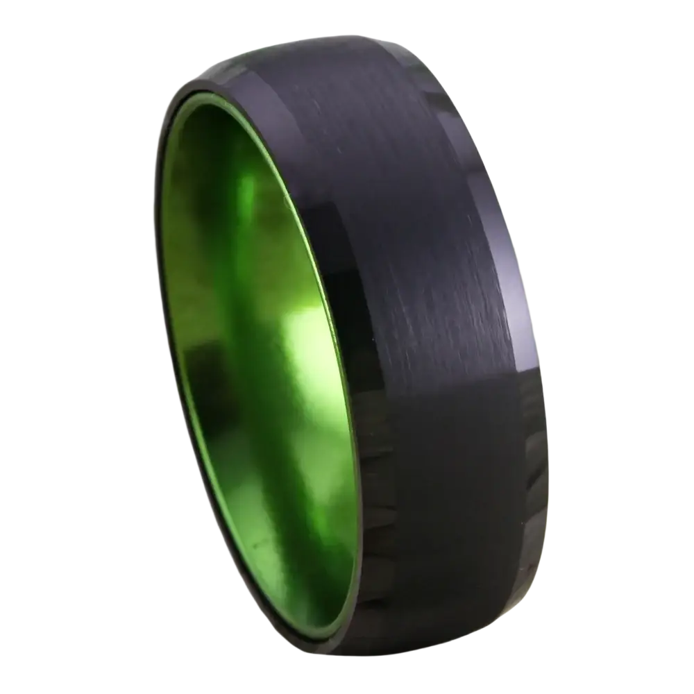 Black tungsten wedding ring with vibrant green aluminum interior and subtle brushed texture 8mm width