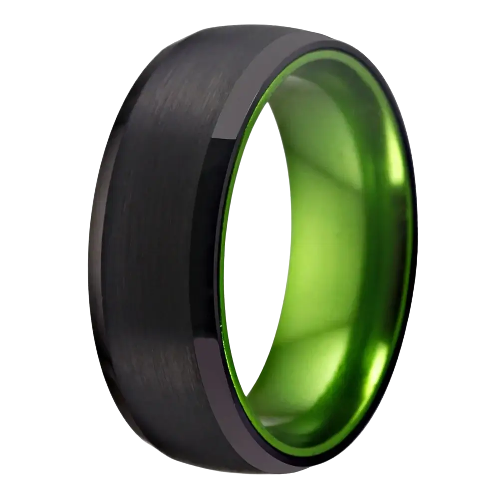 Black tungsten wedding ring with vibrant green aluminum inner lining and brushed finish exterior 8mm band