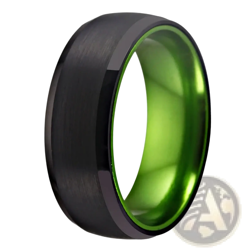 Black tungsten wedding ring with vibrant green aluminum inner lining and brushed finish exterior 8mm band
