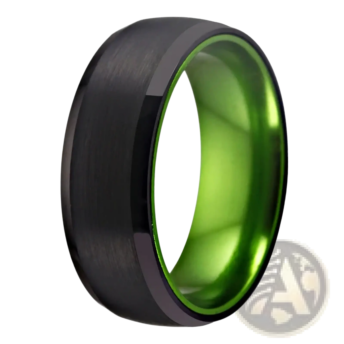 Black tungsten wedding ring with vibrant green aluminum inner lining and brushed finish exterior 8mm band