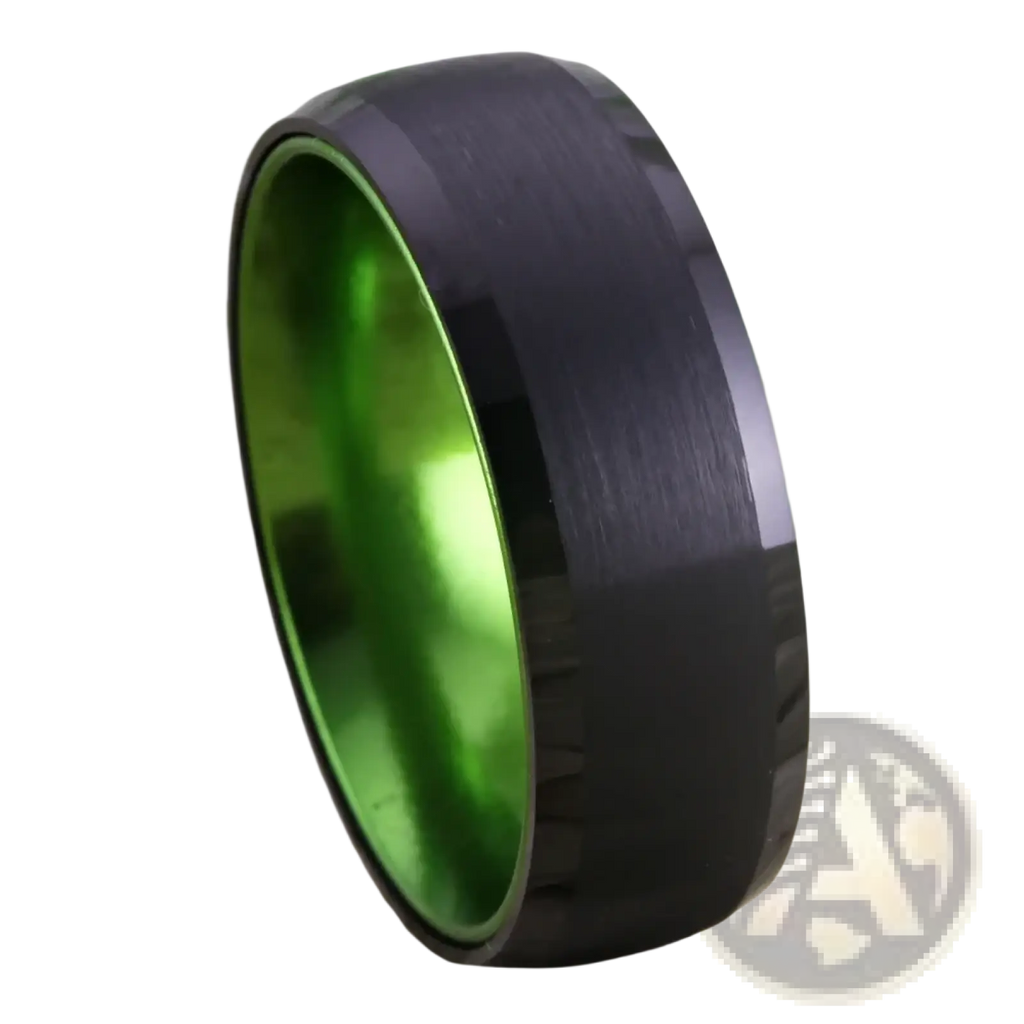 Black tungsten wedding ring with vibrant green aluminum interior and subtle brushed texture 8mm width