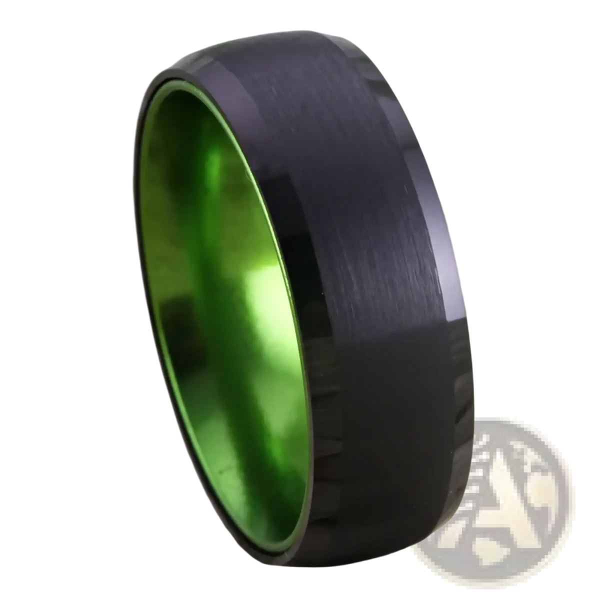 Black tungsten wedding ring with vibrant green aluminum interior and subtle brushed texture 8mm width