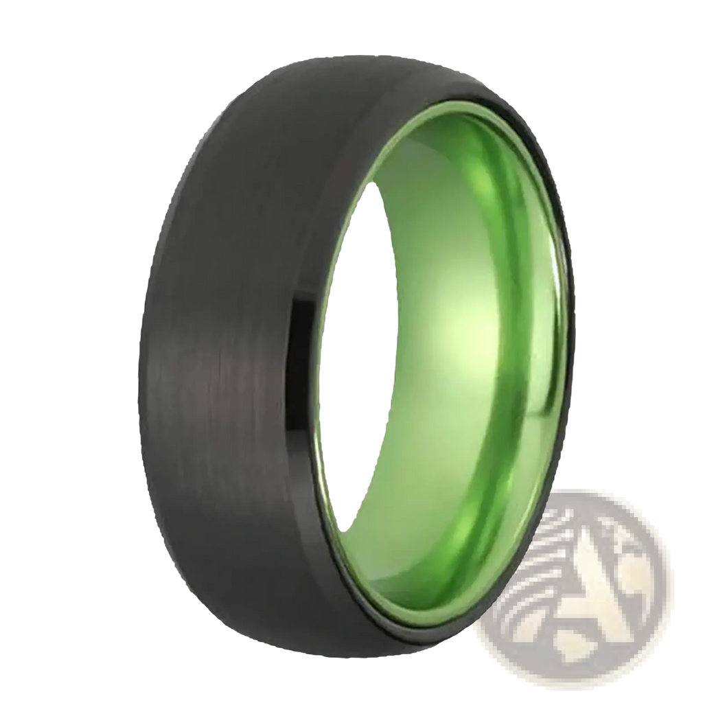 Black tungsten wedding ring with green aluminum 8mm vibrant inner lining for elegant and durable wear