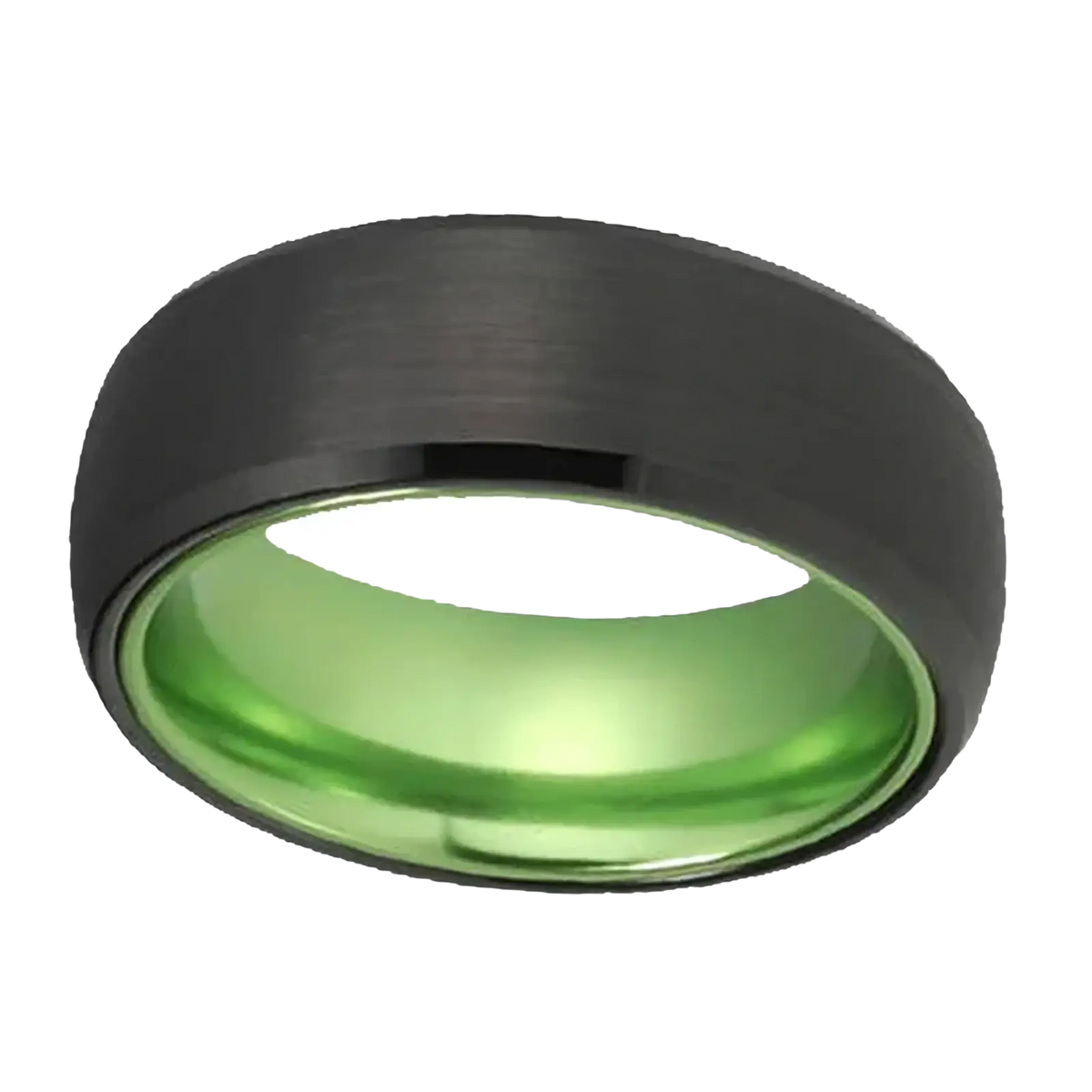 A black tungsten wedding ring with an 8mm band featuring a vibrant green aluminum inner lining