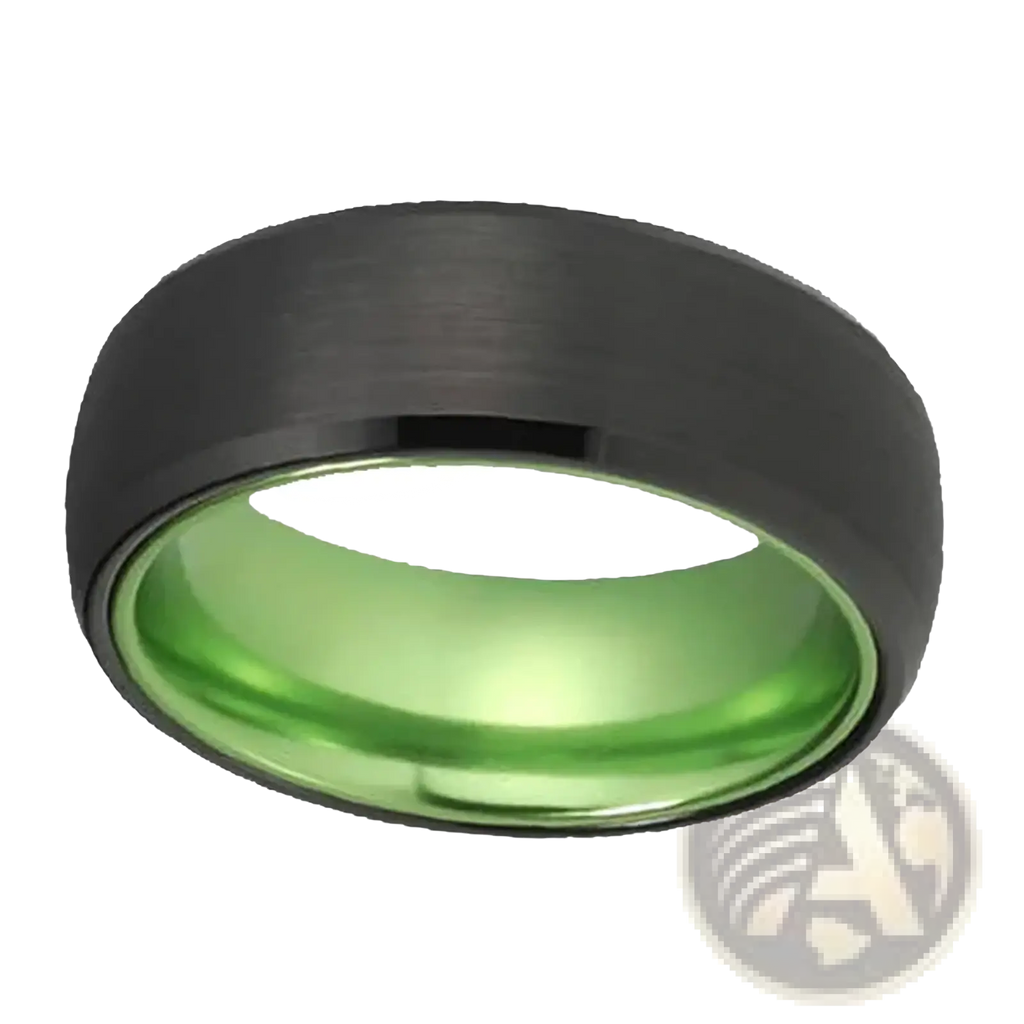 A black tungsten wedding ring with an 8mm band featuring a vibrant green aluminum inner lining