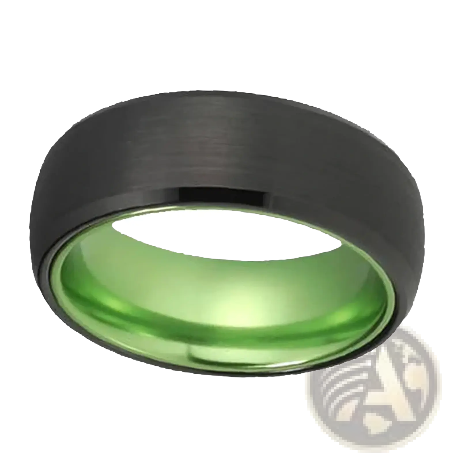 A black tungsten wedding ring with an 8mm band featuring a vibrant green aluminum inner lining
