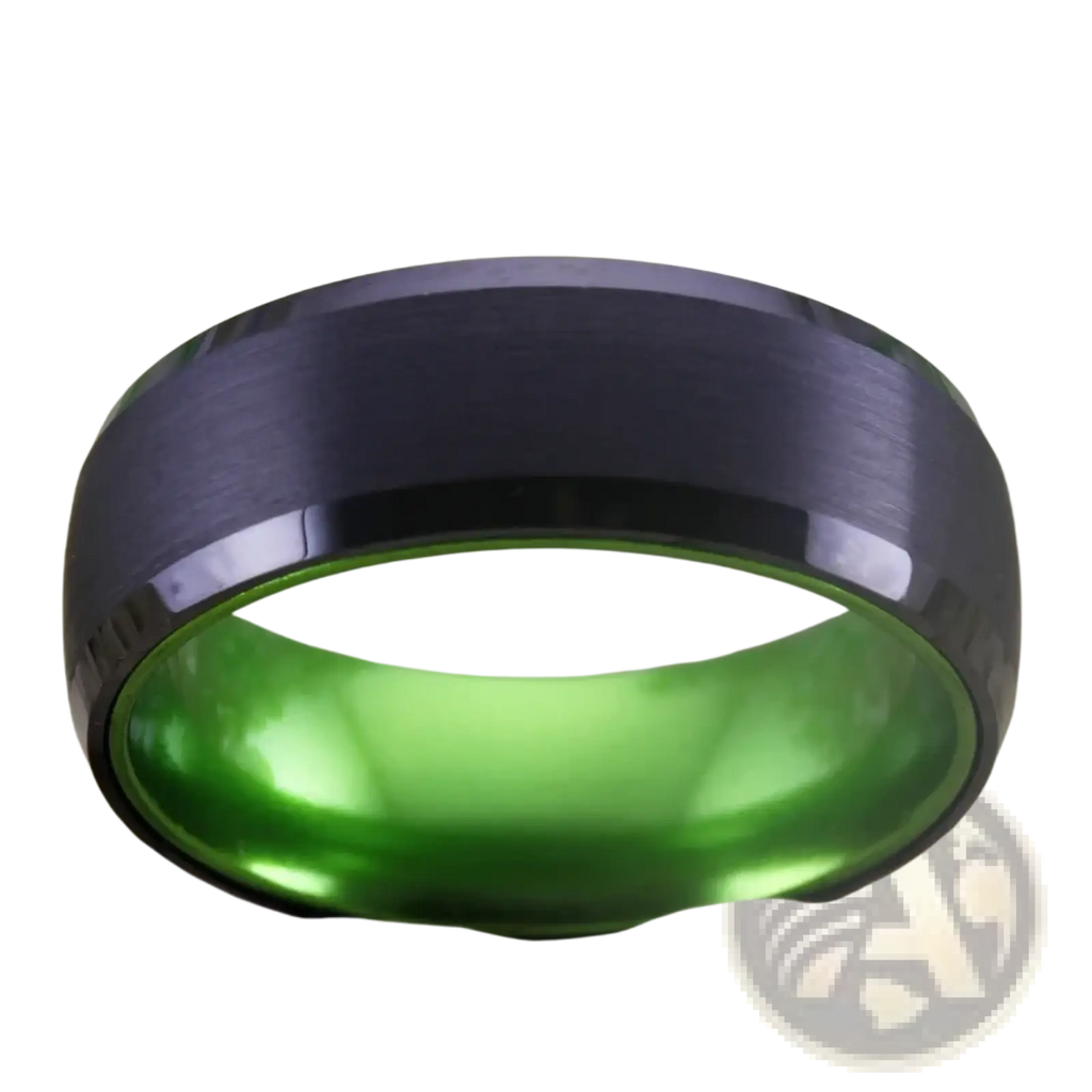 Black tungsten wedding ring with green aluminum 8mm vibrant inner lining and polished edges in sleek black finish
