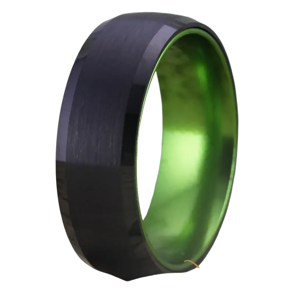 Black and green two-tone tungsten carbide wedding band with brushed outer surface and polished inner lining 8mm wide
