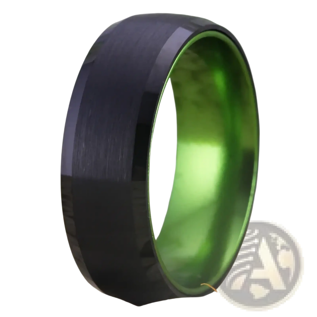 Black and green two-tone tungsten carbide wedding band with brushed outer surface and polished inner lining 8mm wide