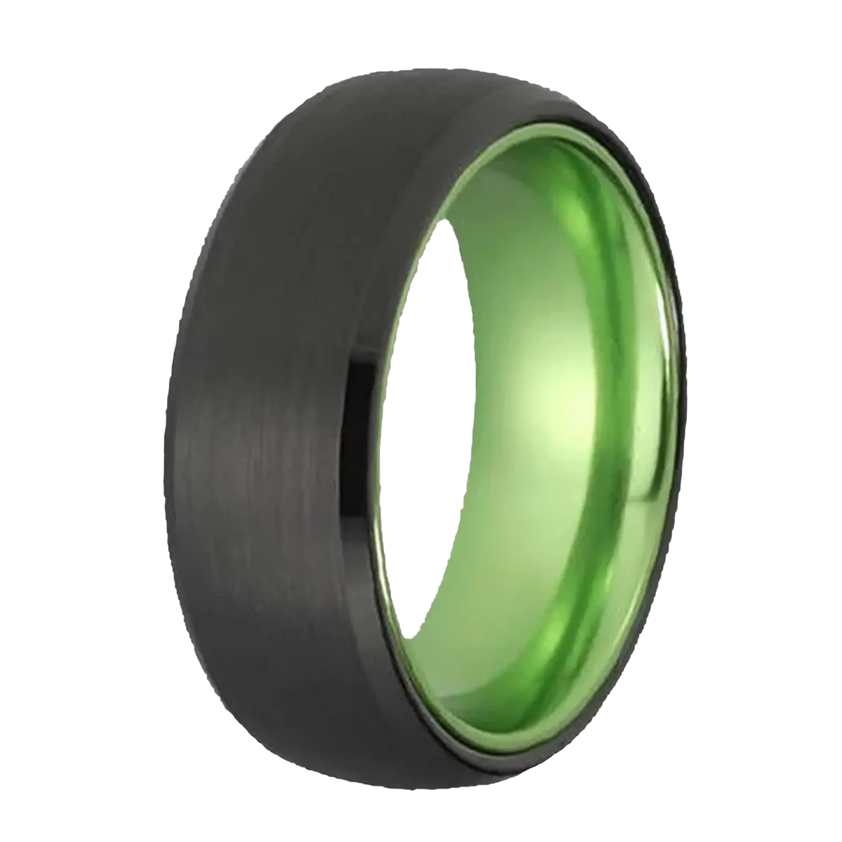 Black tungsten wedding ring by Yck with matte black tungsten carbide exterior and green aluminum inner lining