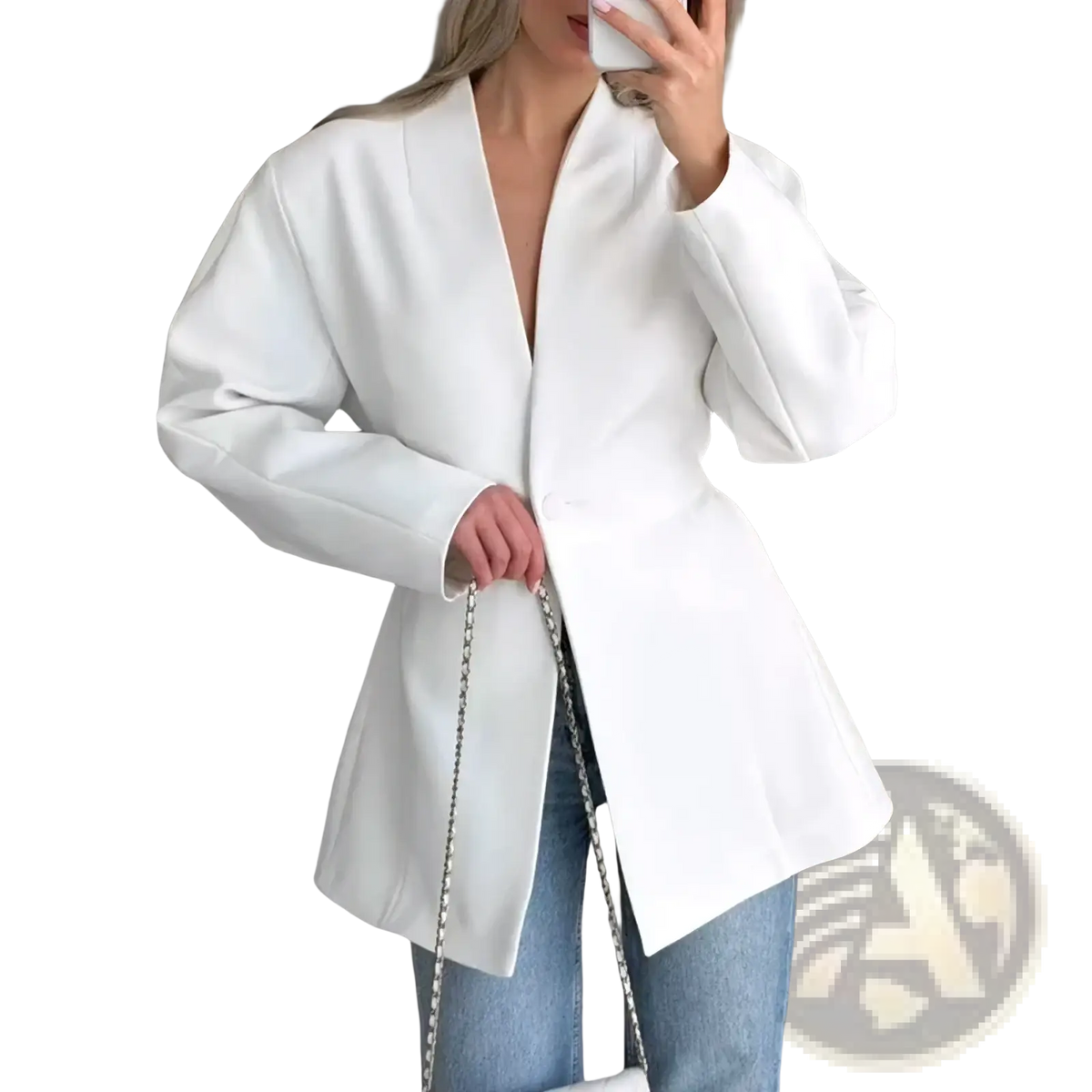 White blazer with oversized sleeves and deep v-neckline made of smooth fabric, styled as a black v-neck commute jacket