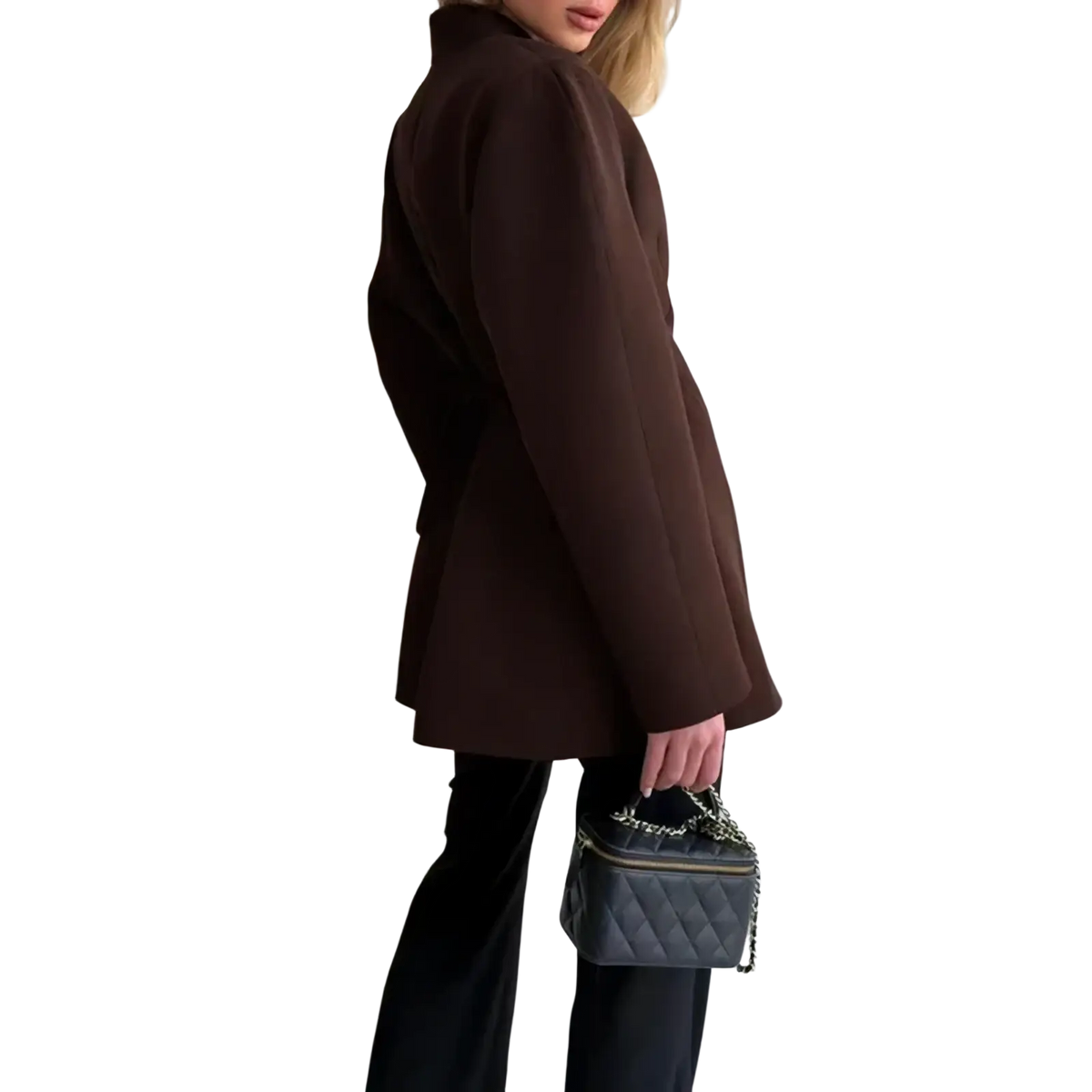 Black quilted leather handbag with chain strap featured alongside black v-neck commute jacket for professional use
