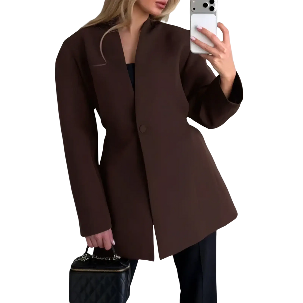 A chocolate brown structured blazer with a single button closure and long sleeves for professional commute wear