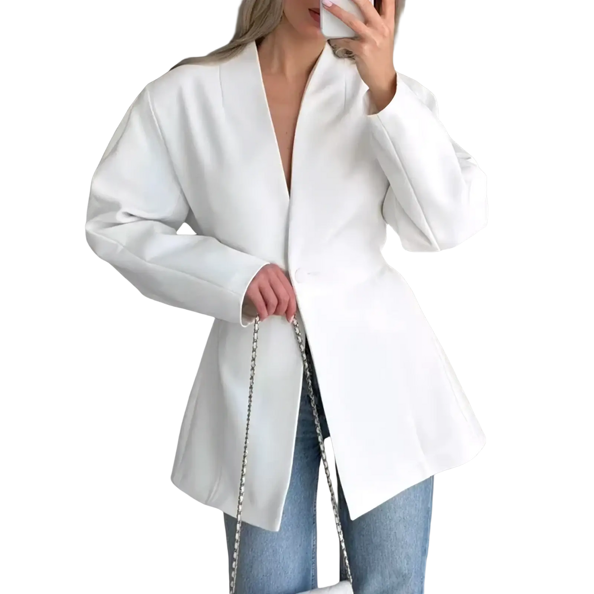 White blazer with oversized sleeves and deep v-neckline made of smooth fabric, styled as a black v-neck commute jacket