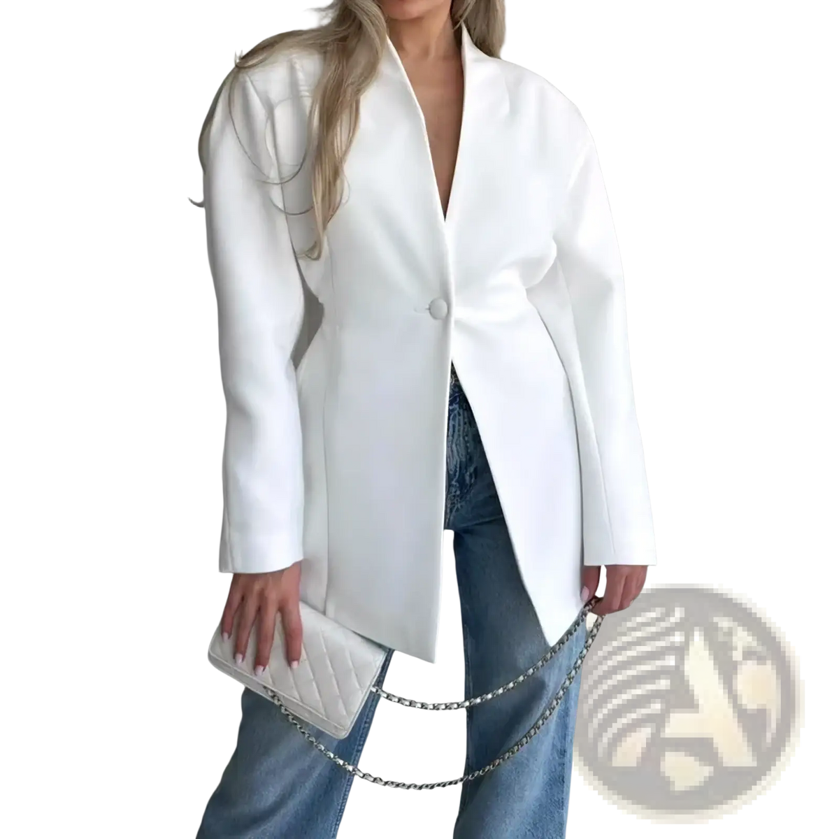 White quilted leather clutch with silver chain strap paired with black v-neck commute jacket for workwear