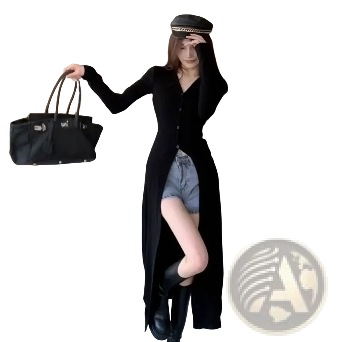 Black leather handbag with silver hardware and top handles paired with a black v-neck knit cardigan trench top
