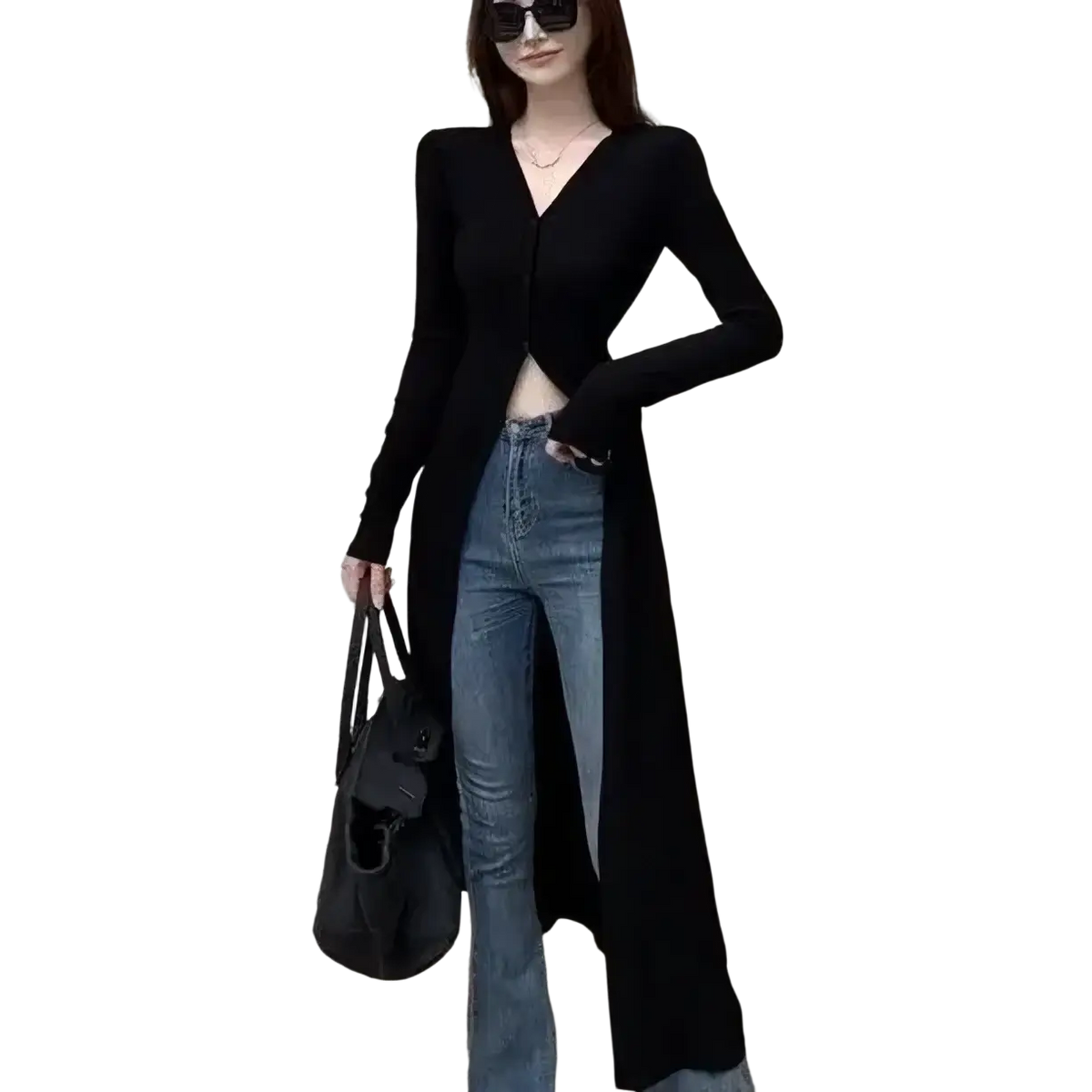 Black v-neck knit cardigan with long sleeves and front slit made of soft knit fabric perfect for layering