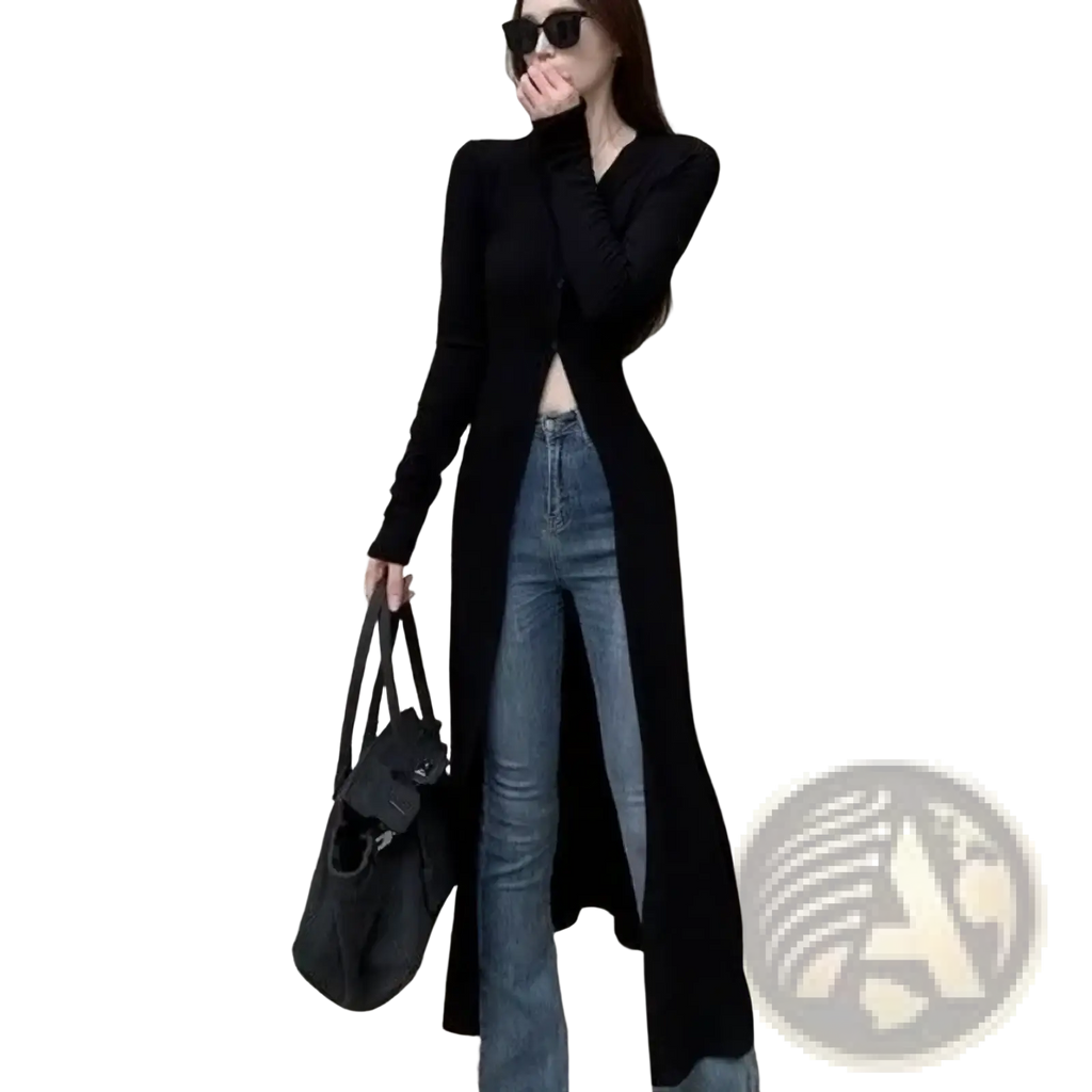 Black v-neck long-sleeved knit cardigan with side slit suitable as a trench top for layering