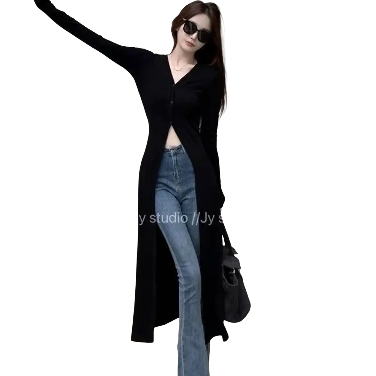 Black v-neck knit cardigan long sleeve trench top with button closure made from soft knit fabric