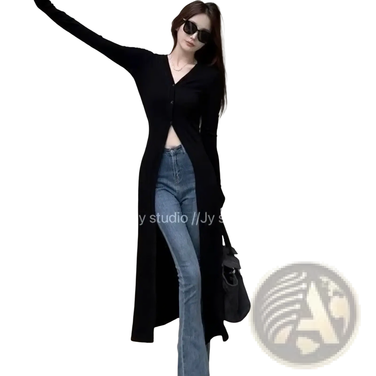 Black v-neck knit cardigan long sleeve trench top with button closure made from soft knit fabric