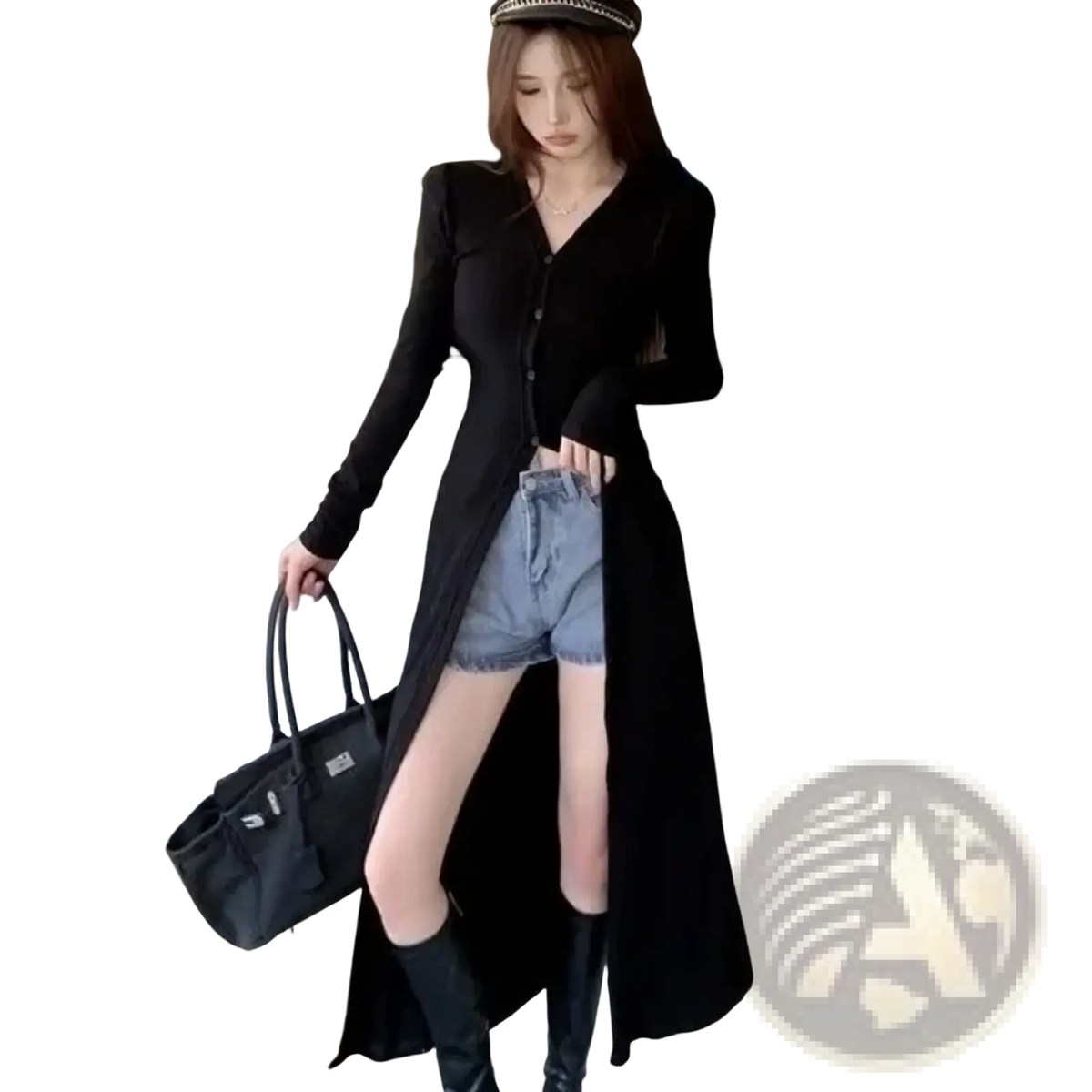 Black v-neck knit cardigan long sleeve trench top with high slit worn over denim shorts for casual wear