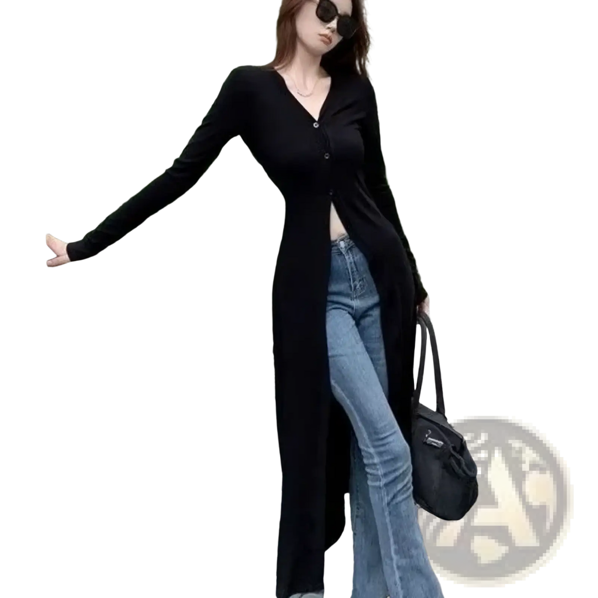 Black v-neck knit cardigan long sleeve trench top with button-up front and flared hem in black wool blend
