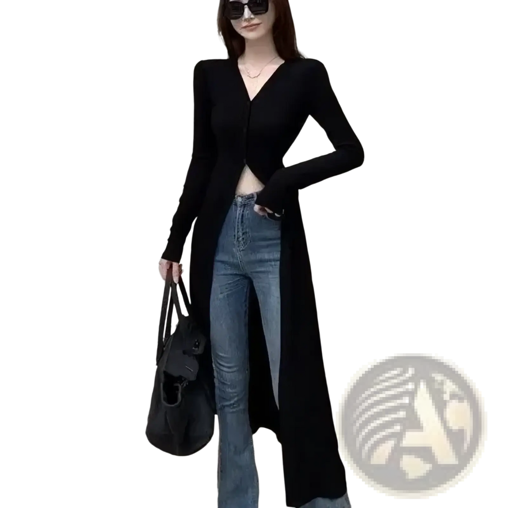 Black v-neck knit cardigan with long sleeves and front slit made of soft knit fabric perfect for layering