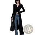Black v-neck knit cardigan with long sleeves and front slit made of soft knit fabric perfect for layering