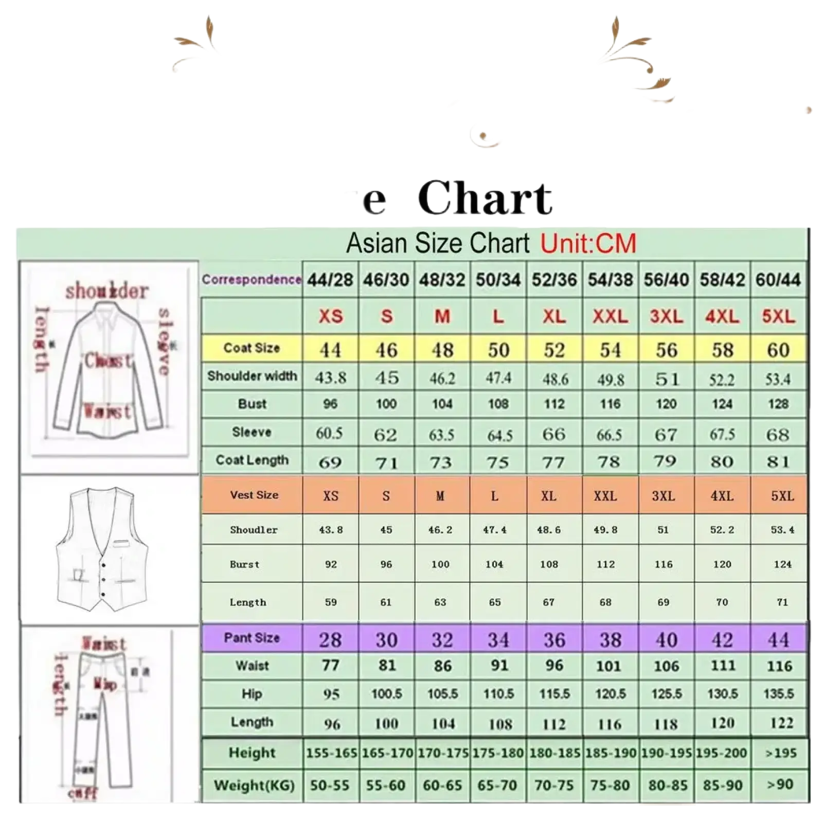 Asian size chart in centimeters for black velvet beaded sequin men wedding tuxedo suit from xs to 5xl sizes