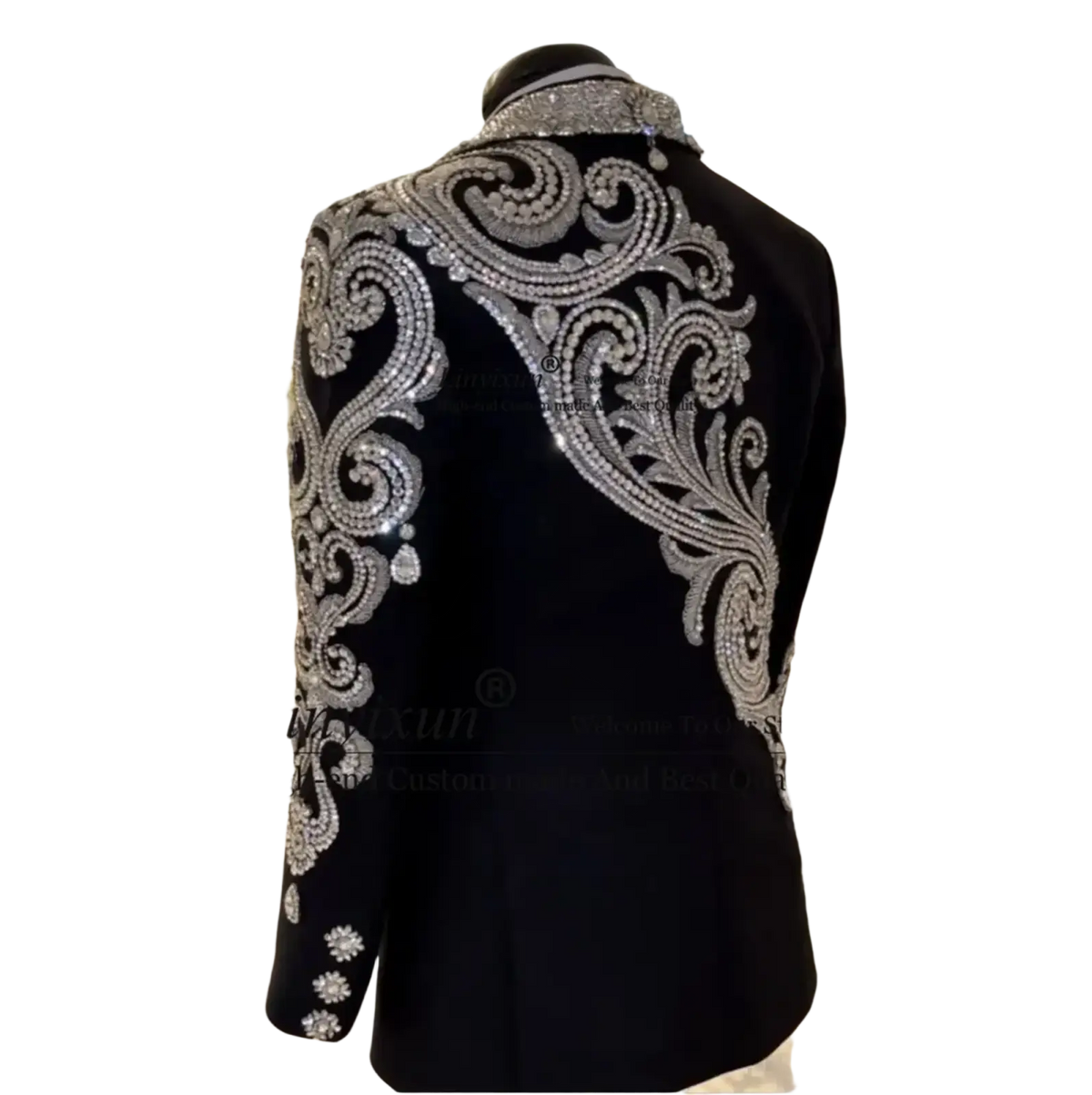 Black velvet men wedding tuxedo blazer with intricate silver beaded sequin floral embroidery design