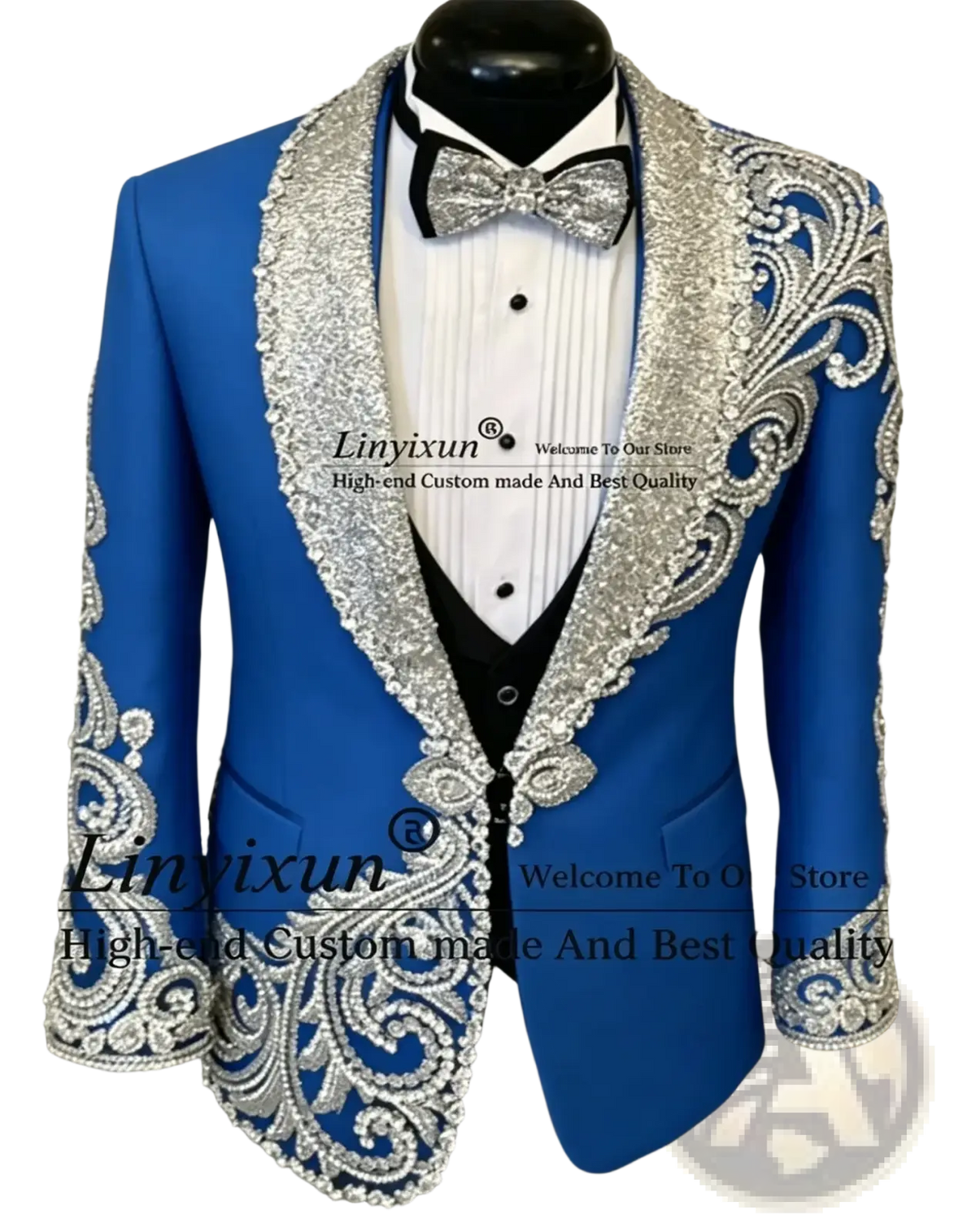 Vibrant blue velvet tuxedo jacket with silver beaded embroidery on lapels, shoulders, and cuffs for men weddings