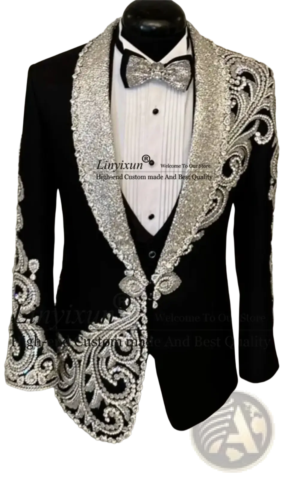 Black velvet men wedding tuxedo suit with intricate silver beaded embroidery on lapels shoulders and cuffs