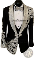 Black velvet men wedding tuxedo suit with intricate silver beaded embroidery on lapels shoulders and cuffs