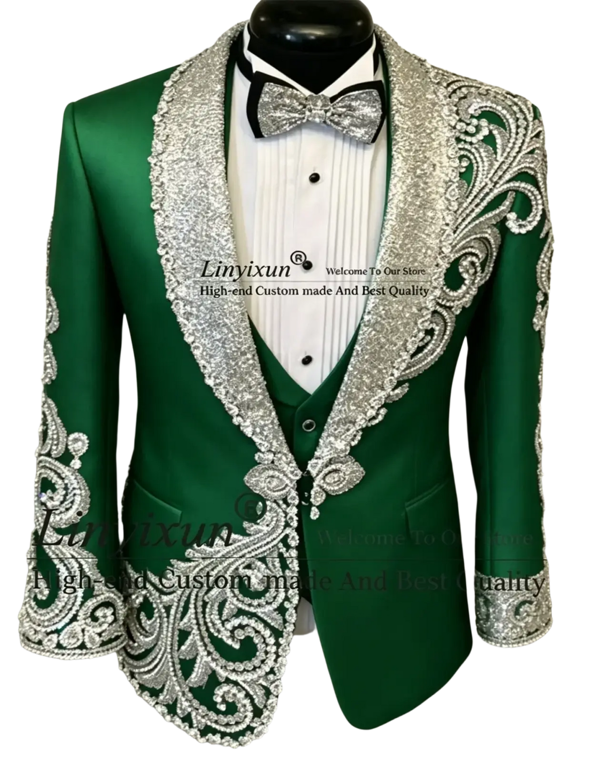 Emerald green tuxedo jacket with intricate silver beaded embroidery on lapels shoulders and cuffs for weddings