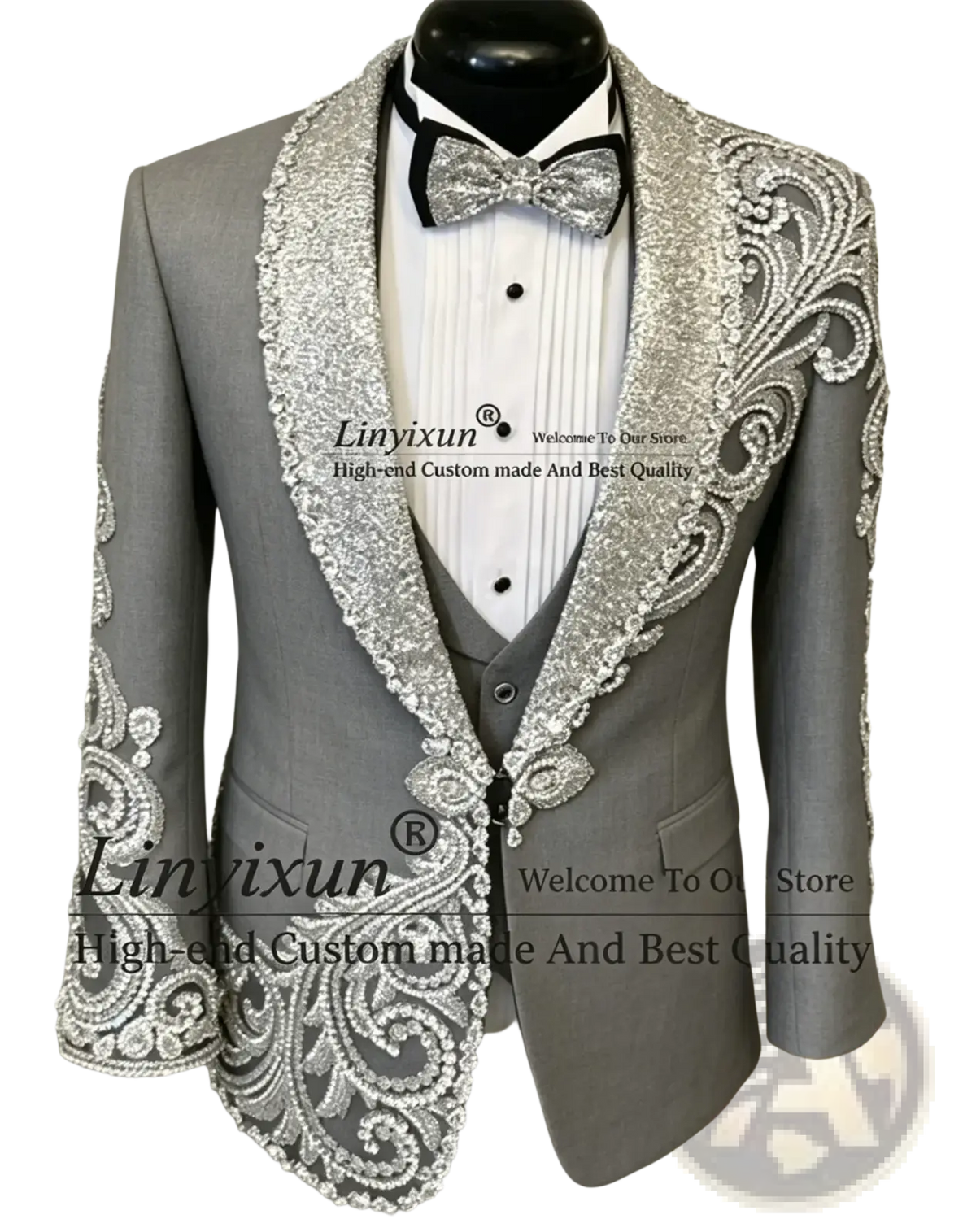 Gray tuxedo jacket with silver beaded and sequined detailing on lapels, shoulders, and cuffs for men wedding suit