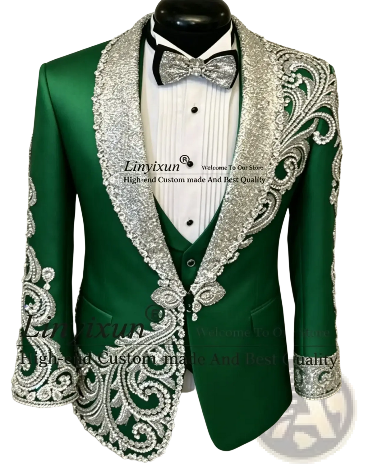 Emerald green tuxedo jacket with intricate silver beaded embroidery on lapels shoulders and cuffs for weddings